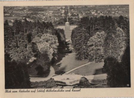 Kassel-Wilhelmshöhe - Blick vom Herkules auf Schloß und Stadt - 1958 Kassel-Wilhelmshöhe - Blick vom Herkules auf Schloß und Stadt - 1958