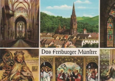 Freiburg - Mittelschiff, Schnewlin-Fenster, Madonna v. Joh. Wydyz, Hochaltar, Abendmahl v. Hauser Freiburg - Mittelschiff, Schnewlin-Fenster, Madonna v. Joh. Wydyz, Hochaltar, Abendmahl v. Hauser