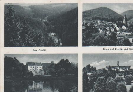 Friedrichroda - Der Grund, Blick auf Kirche und Gottlob, Schloß Reinhardsbrunn, Kurhaus - 1949 Friedrichroda - Der Grund, Blick auf Kirche und Gottlob, Schloß Reinhardsbrunn, Kurhaus - 1949