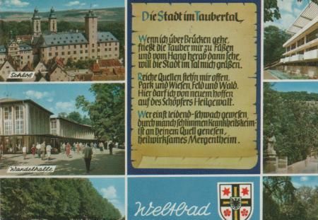 Bad Mergentheim - Schloß, Wandelhalle, Im Kurpark, Kurhaus, Wolfgangbrücke, Wasserspiele - ca. 1970 Bad Mergentheim - Schloß, Wandelhalle, Im Kurpark, Kurhaus, Wolfgangbrücke, Wasserspiele - ca. 1970